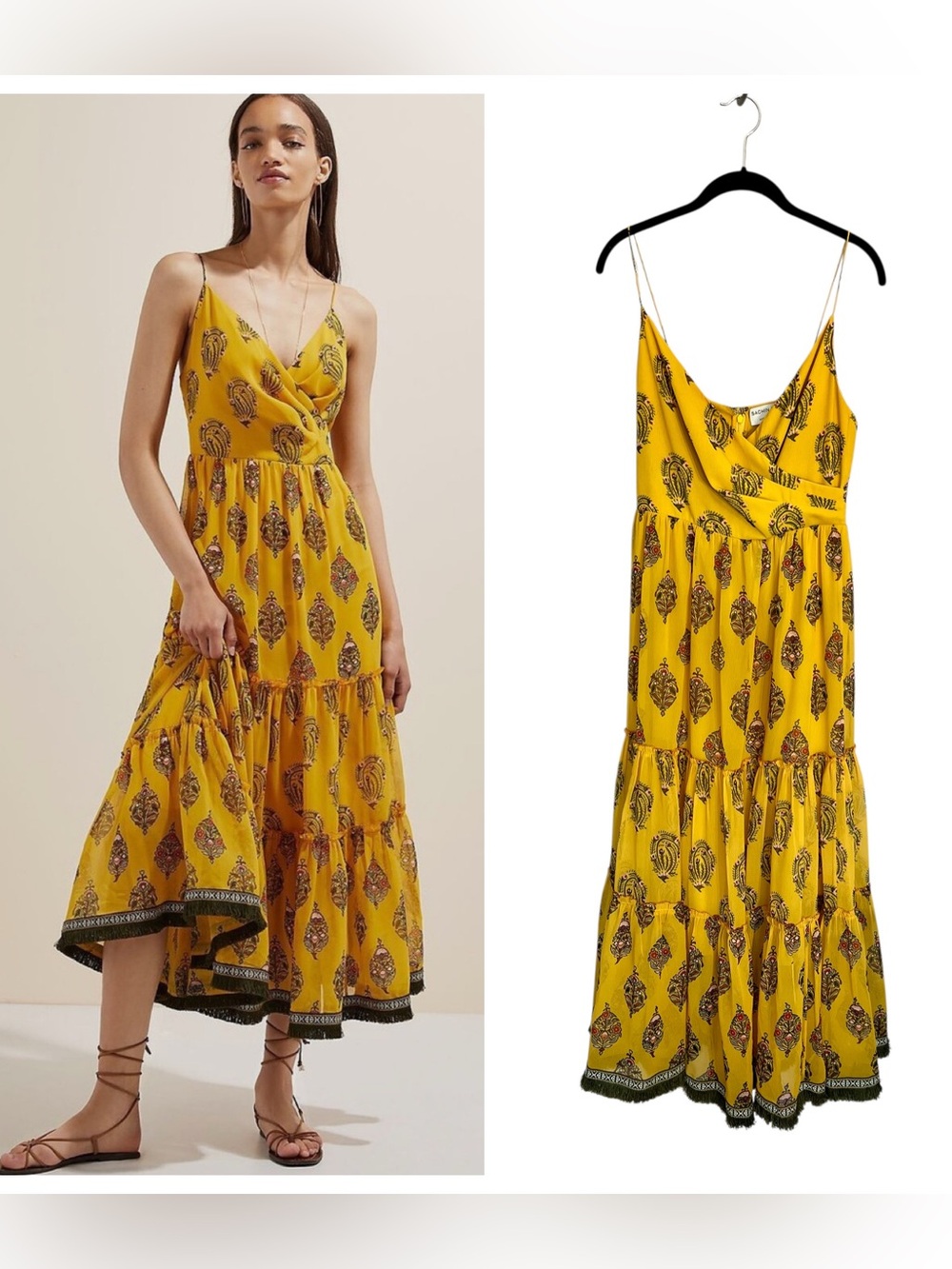 Anthropologie Sachin & Babi tiered midi dress fringe hem boho sz 8 yellow
